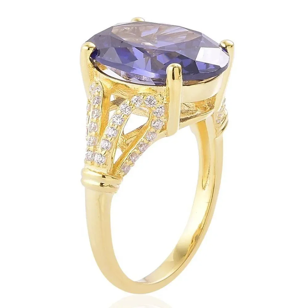 ELANZA Simulated Blue and White Diamond 14K YG Over Sterling Silver Ring Size 9